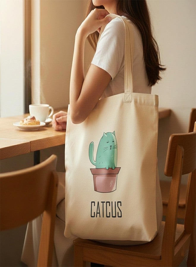 WRAPZY Premium Canvas Tote Bag for Women|Eco-Friendly, Reusable Tote Bag|Handbag for Women| Durable Shoulder Bag for Grocery, Travel, Work, School & Everyday Use | 16x14” (CATCUS, One Size) - Image 5